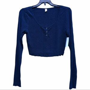 NWT BP Navy Blue Scoop Neck Long Sleeves Cropped Knit Henley T-shirt Size Small